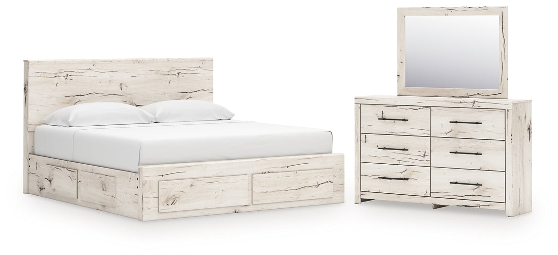 King Panel Storage Bed with Mirrored Dresser