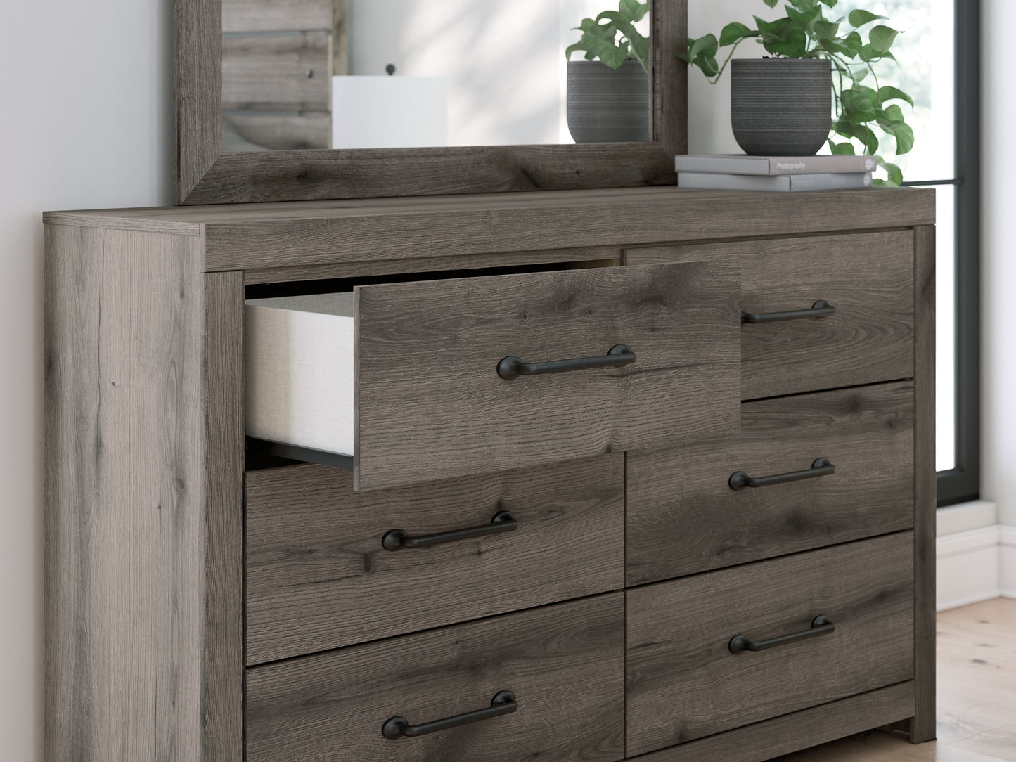 Graystorm Queen Panel Bed with Mirrored Dresser and Chest