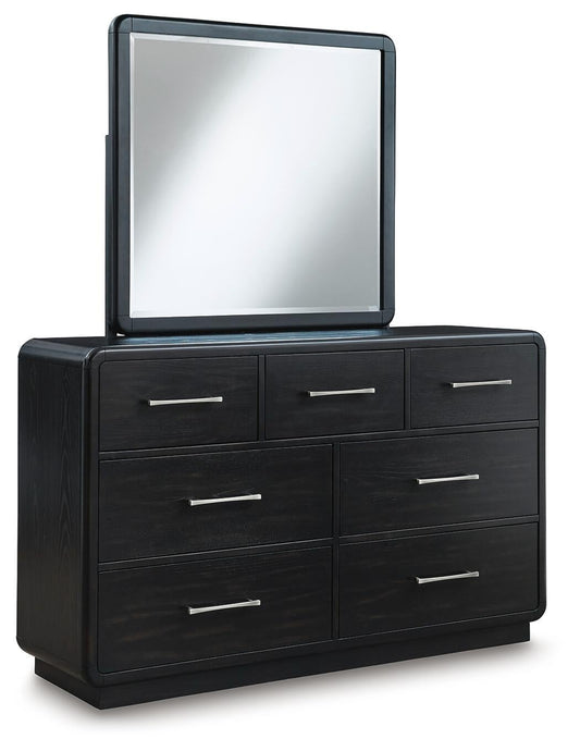 Rowanbeck California King Upholstered Panel Bed, Dresser, Mirror and Nightstand