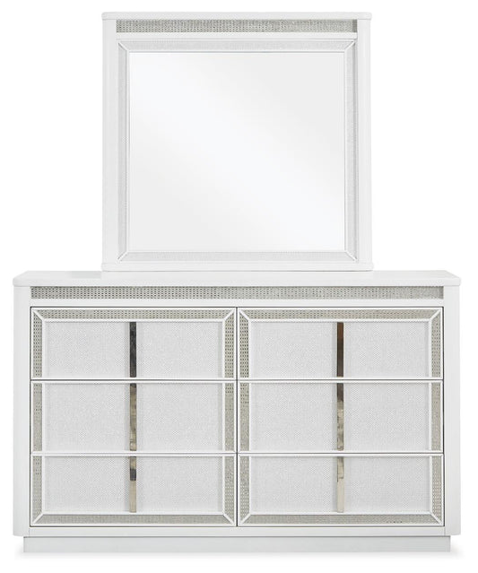 Chalanna California King Upholstered Storage Bed, Dresser, Mirror, Chest and Nightstand