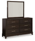 Neymorton Queen Upholstered Panel Bed with Mirrored Dresser and 2 Nightstands