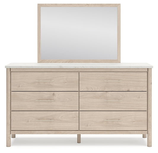 Queen Upholstered Panel Bed with Mirrored Dresser and Nightstand