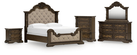 Maylee California King Upholstered Bed with Mirrored Dresser, Chest and Nightstand
