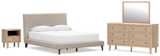 Cielden Queen Upholstered Bed with Roll Slats, Dresser, Mirror and Nightstand
