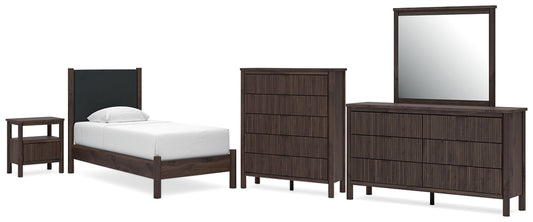 Pamytta Twin Upholstered Panel Bed, Dresser, Mirror, Chest and Nightstand