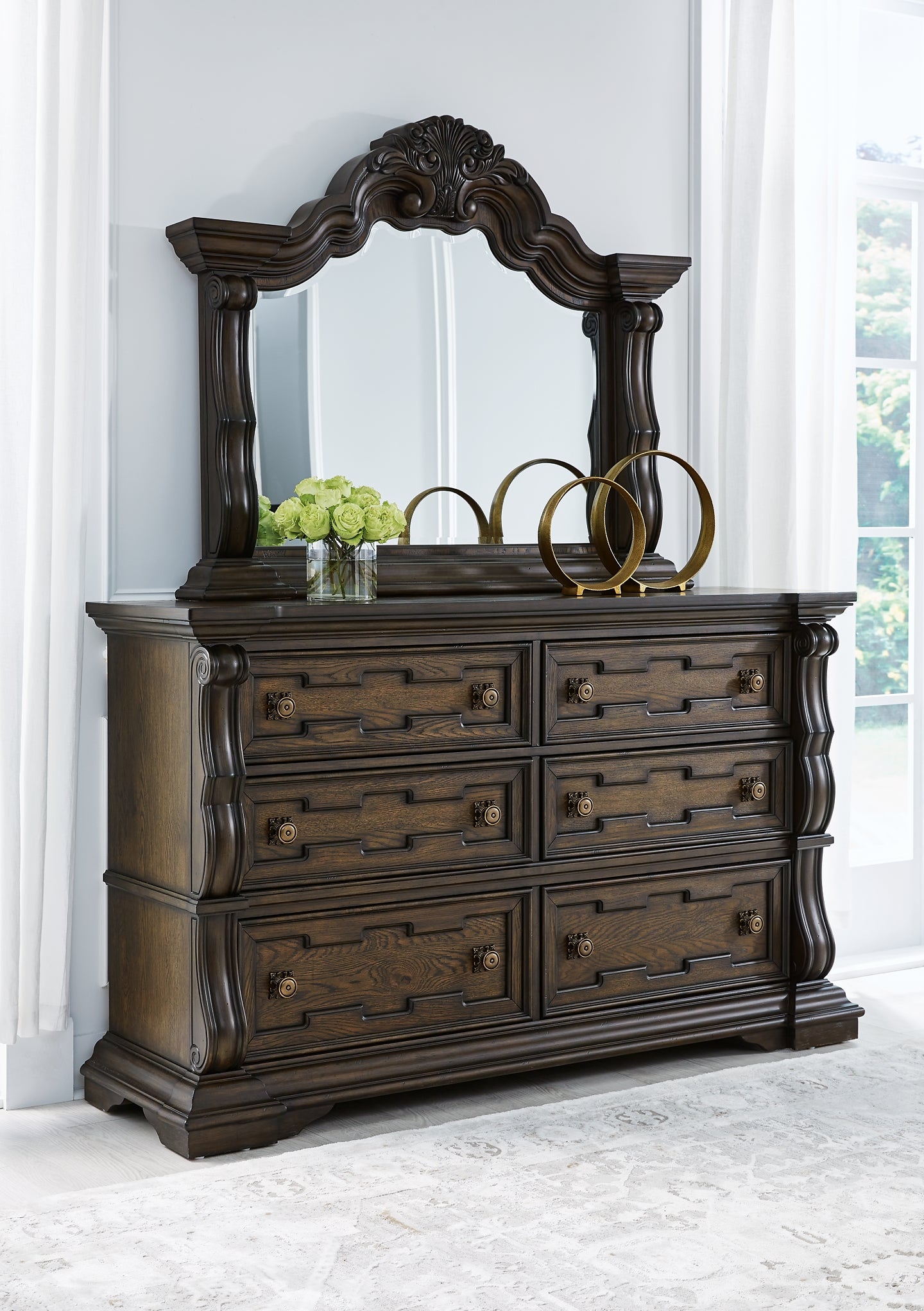 Maylee Queen Canopy Bed, Dresser, Mirror and Nightstand