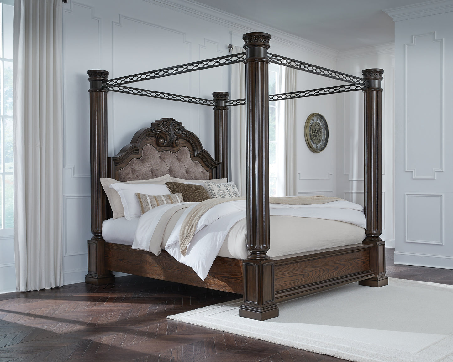 Maylee Queen Canopy Bed, Dresser, Mirror, Chest and Nightstand