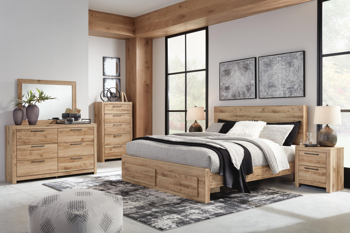 Hyanna Queen Panel Storage Bed, Dresser, Mirror, Chest and Nightstand