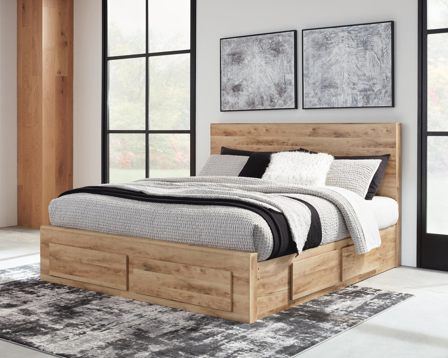 Hyanna King Panel Storage Bed with 1 Under Bed Storage Drawer, Dresser, Mirror, Chest and Nightstand