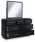 Rowanbeck Queen Upholstered Panel Bed with Mirrored Dresser and Nightstand