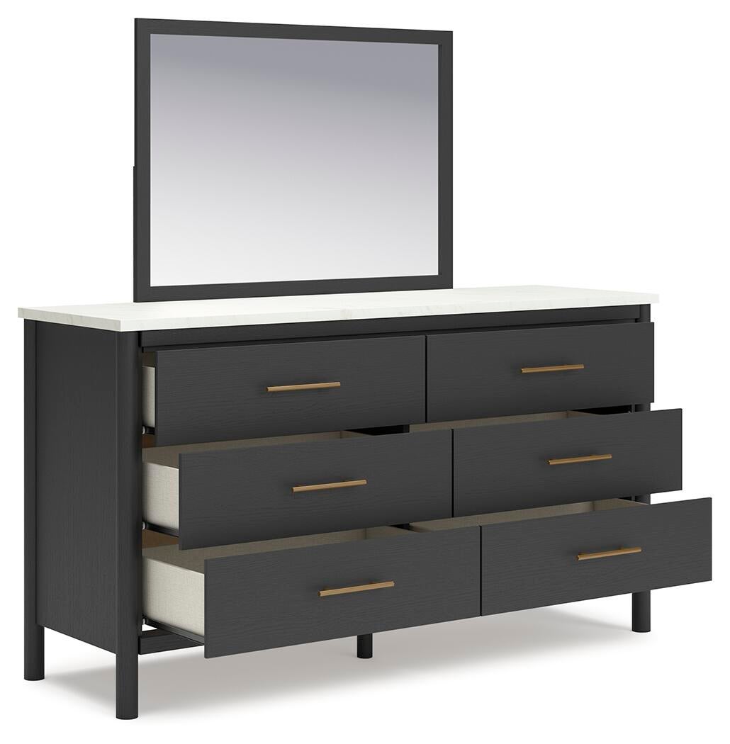 Cadmori King Upholstered Panel Bed, Dresser and Mirror