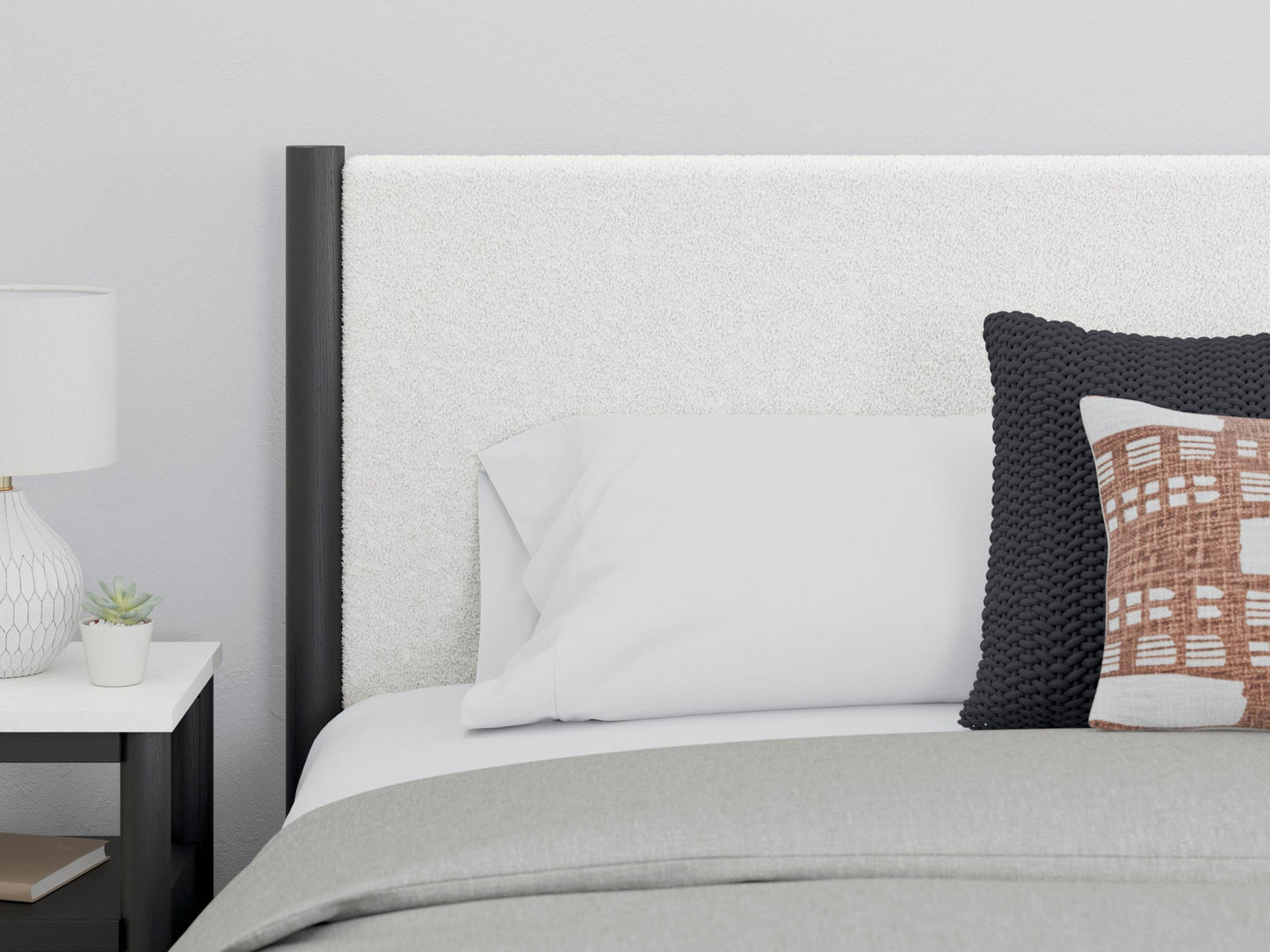Cadmori King Upholstered Panel Bed, Dresser and Mirror