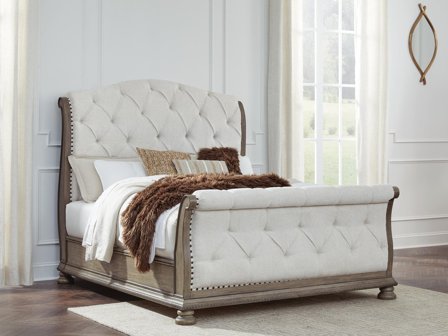 Ardenfield Queen Upholstered Sleigh Bed, Dresser, Mirror and Nightstand