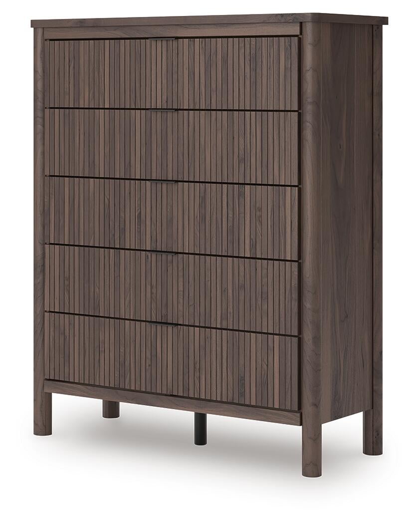Cadmori King Upholstered Panel Bed, Dresser, Mirror, Chest and Nightstand