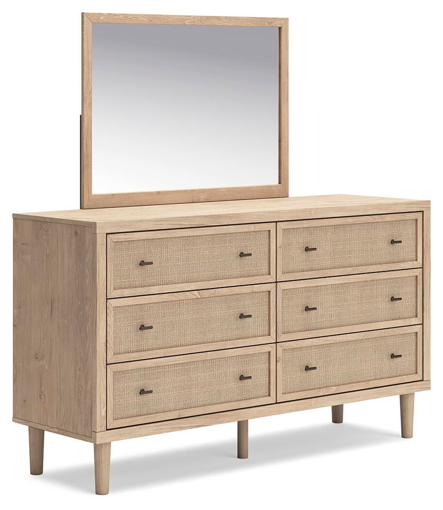 Cielden King Upholstered Bed with Roll Slats, Dresser and Mirror