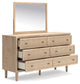 Cielden King Upholstered Bed with Roll Slats, Dresser and Mirror