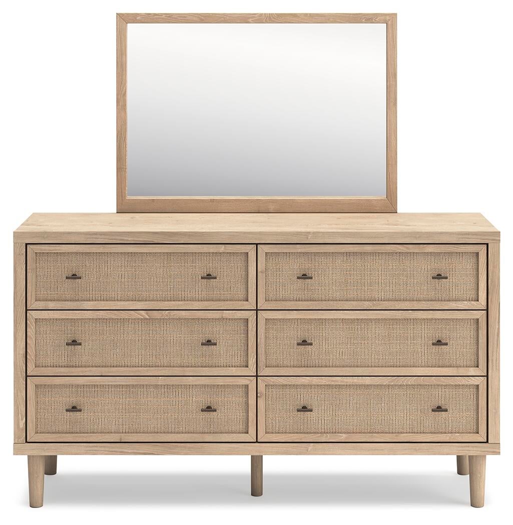 Cielden California King Upholstered Bed with Roll Slats, Dresser, Mirror and Nightstand