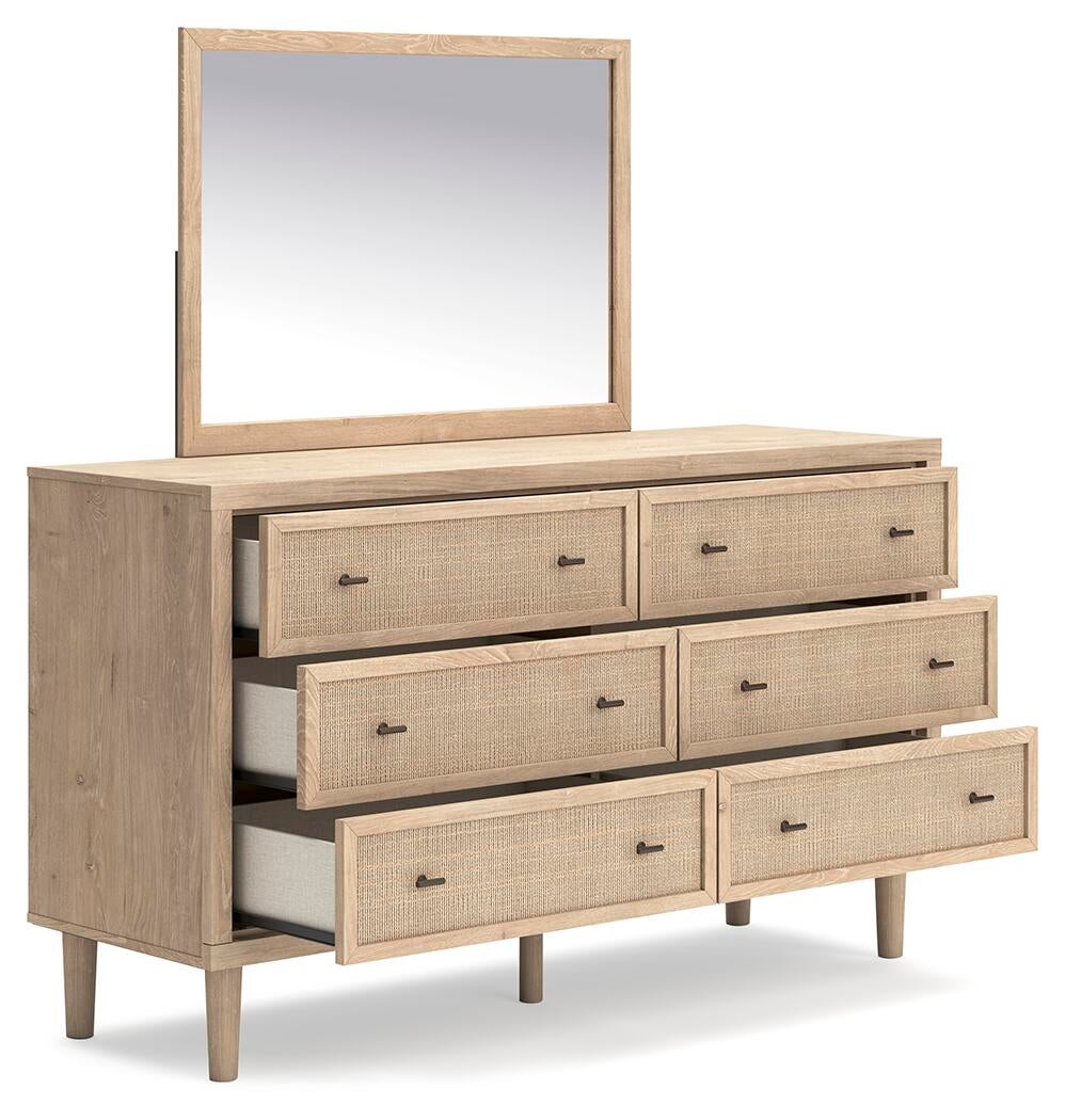 Cielden California King Upholstered Bed with Roll Slats, Dresser, Mirror and Nightstand