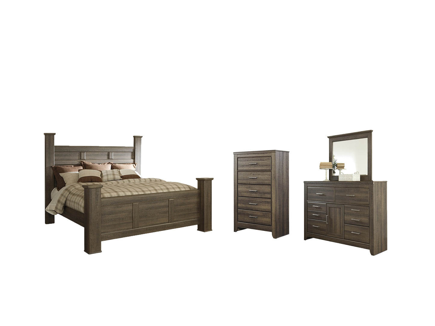Juararo California King Poster Bed with Mirrored Dresser and Chest