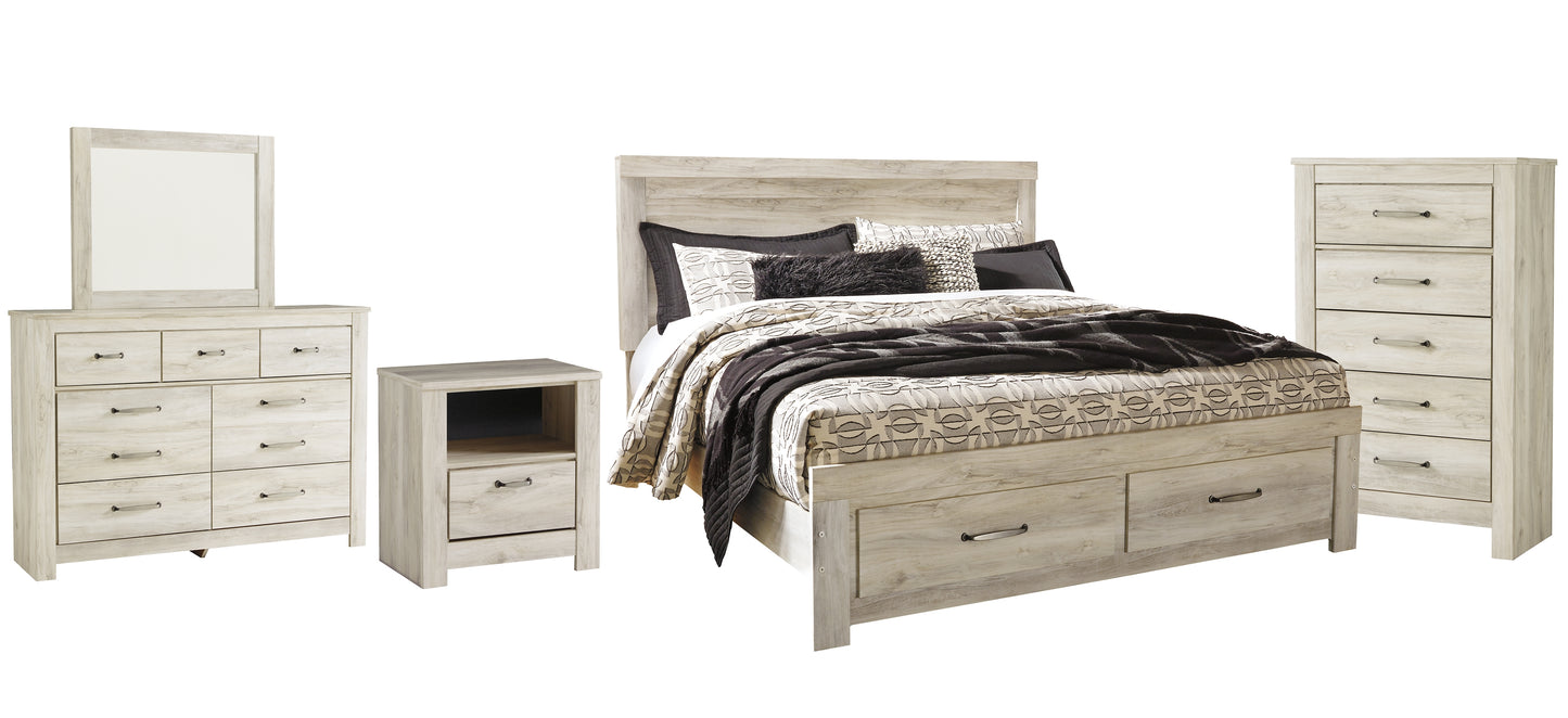 Bellaby Queen Platform Bed with 2 Storage Drawers with Mirrored Dresser, Chest and Nightstand