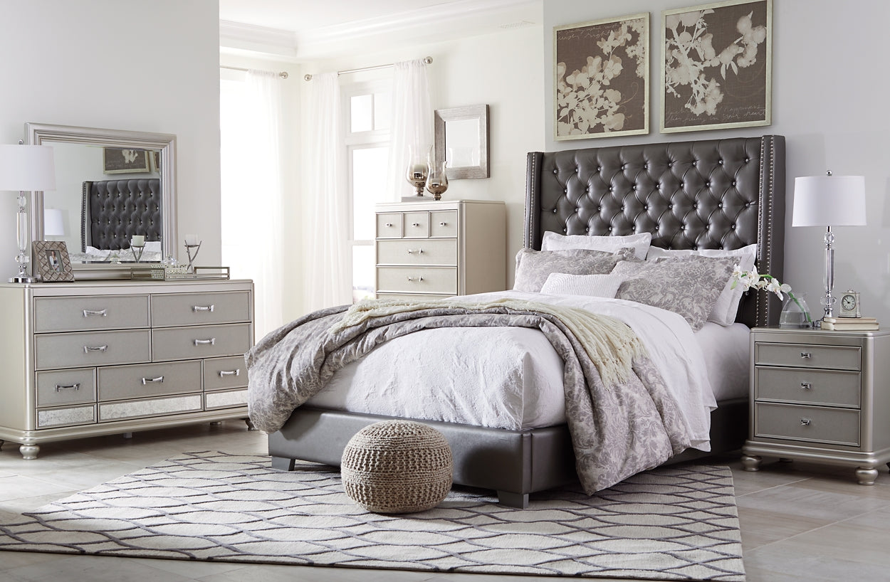 Coralayne California King Upholstered Bed with Mirrored Dresser, Chest and Nightstand