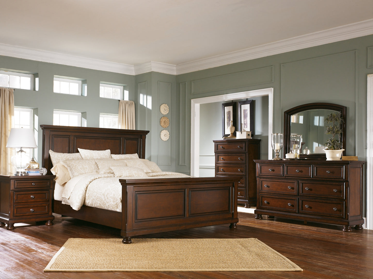 Porter Queen Panel Bed with Mirrored Dresser, Chest and 2 Nightstands