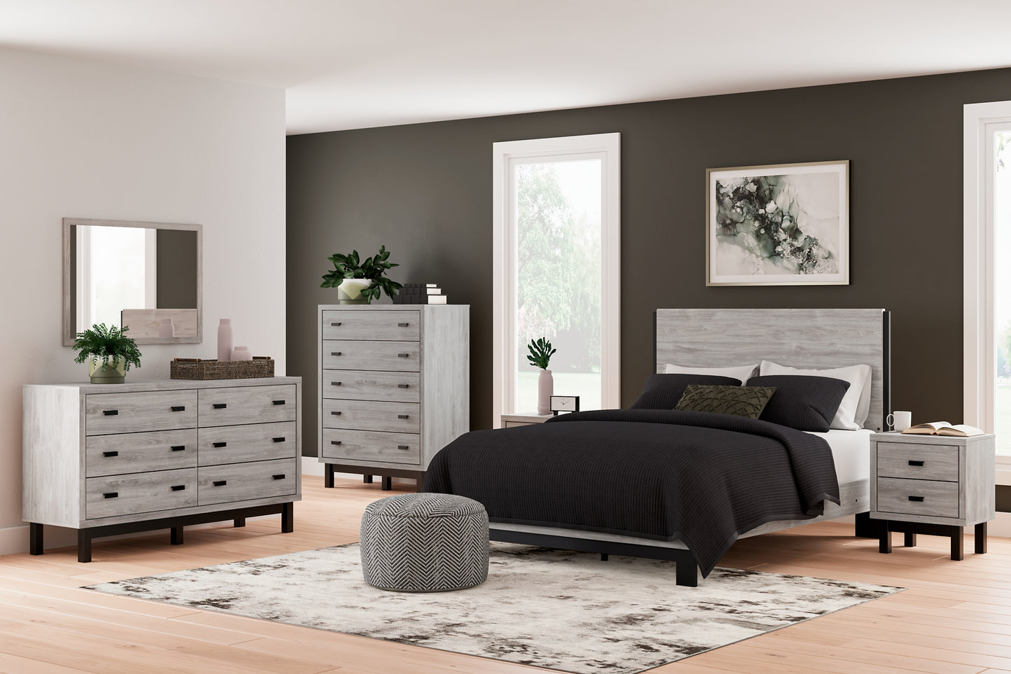 Vessalli Queen Panel Bed with Mirrored Dresser, Chest and Nightstand